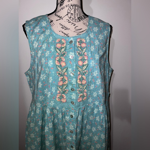 April Cornell Floral Embroidered Button Front Midi Dress Blue Lace Trim Large - Picture 2 of 14
